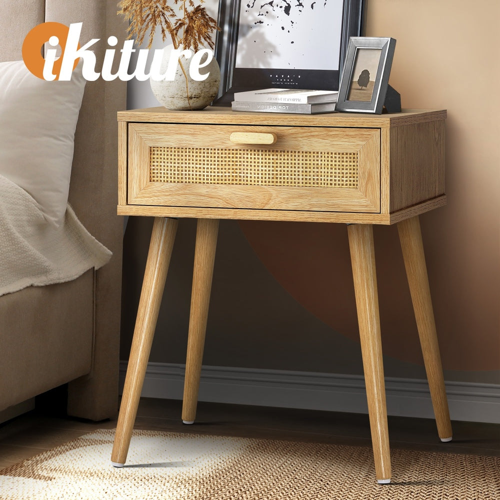 Oikiture Bedside Table Drawers Bedroom Wood Cabinet Nightstand Rattan Furniture-Bedside Tables-PEROZ Accessories