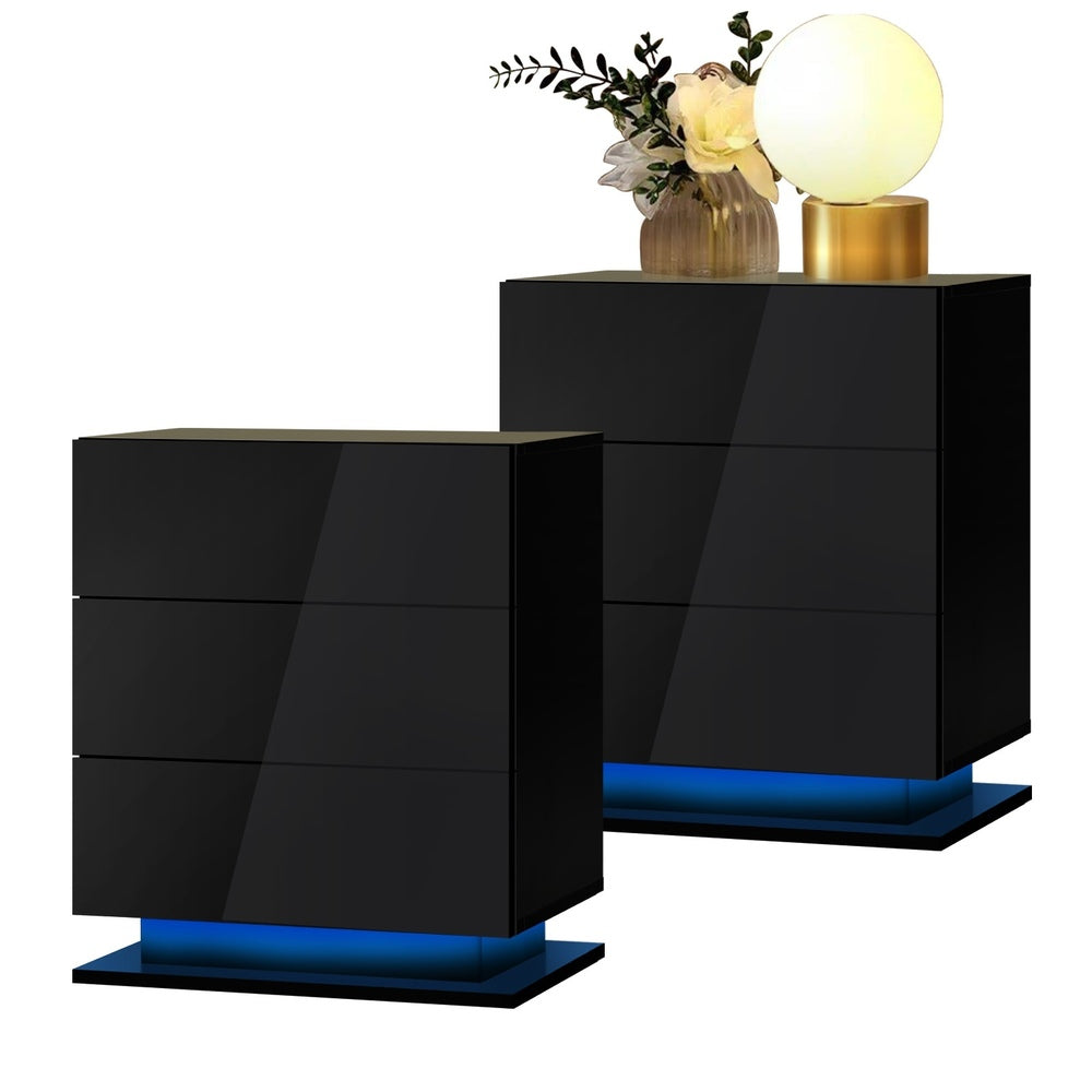 Oikiture Bedside Tables Set of 2 LED Nightstand 3 Drawers-Bedside Table-PEROZ Accessories