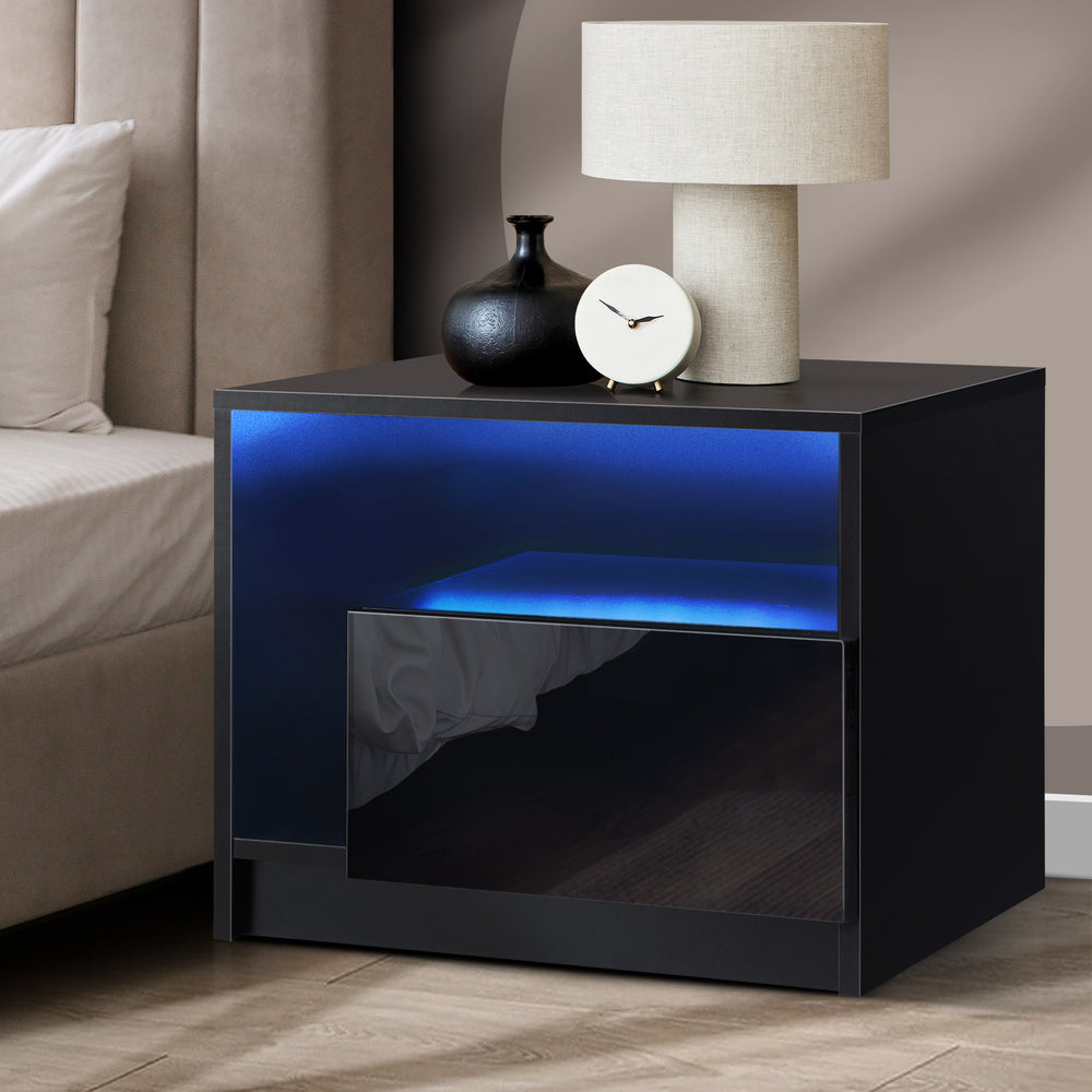 Oikiture Bedside Tables RGB LED Side Table Drawers High Gloss Nightstand Black-Bedside Tables-PEROZ Accessories