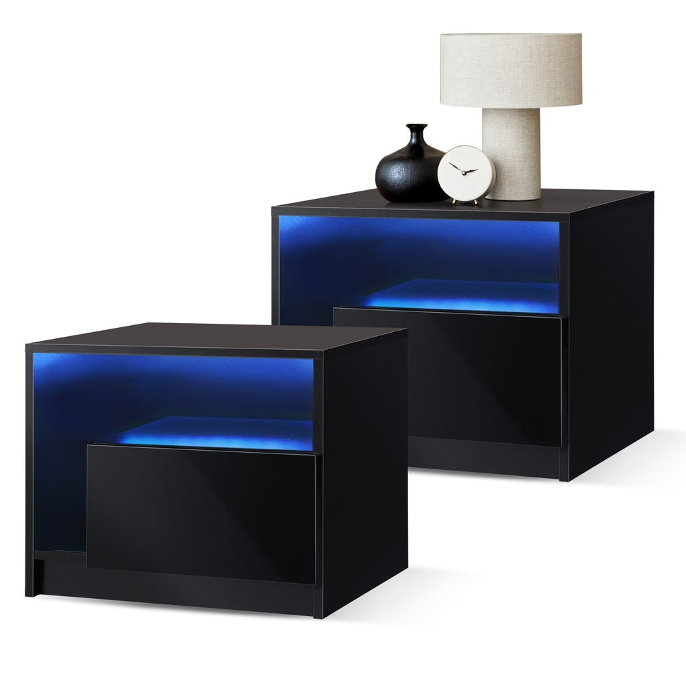 Oikiture Bedside Tables Set of 2 LED Black-Bedside Table-PEROZ Accessories