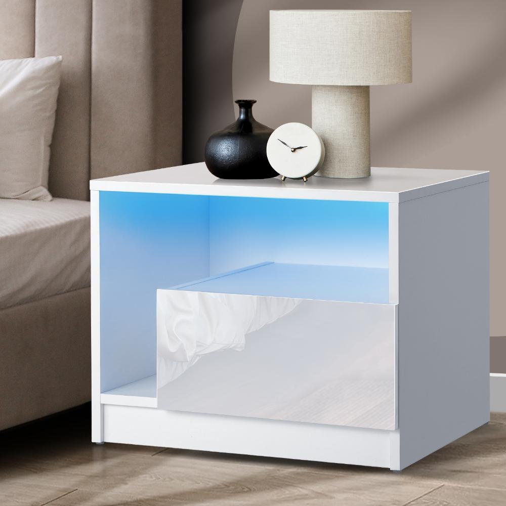 Oikiture Bedside Tables Side Table RGB LED Drawers High Gloss Furniture White-Bedside Tables-PEROZ Accessories