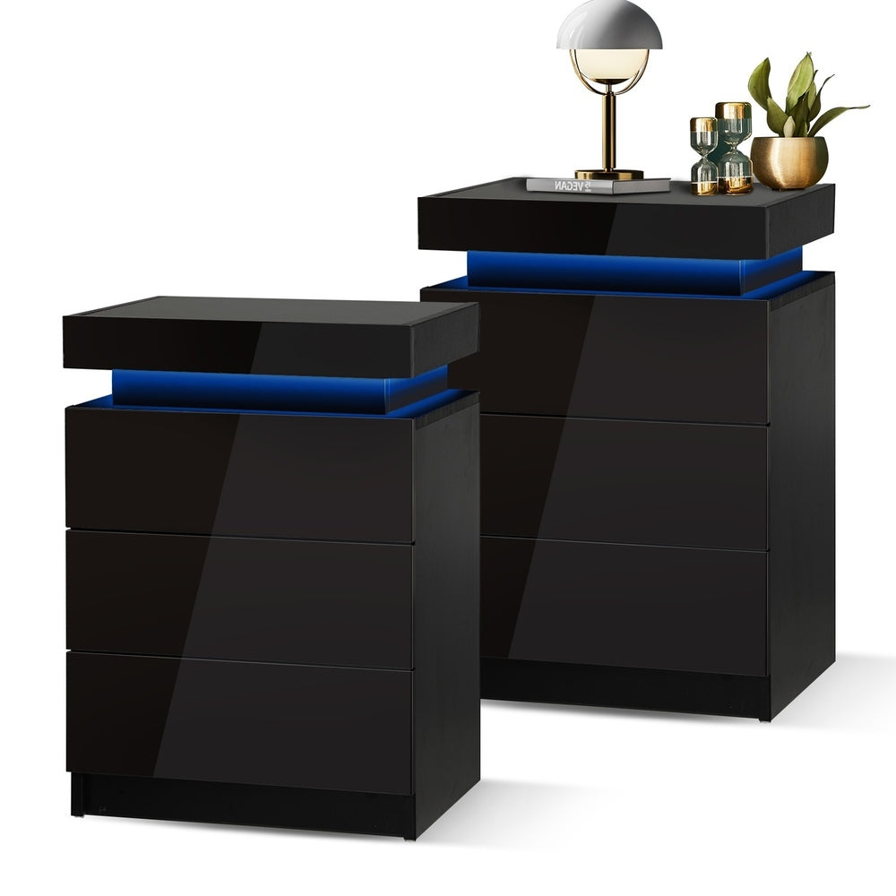 Oikiture Bedside Tables Set of 2 LED Nightstand Black-Bedside Table-PEROZ Accessories