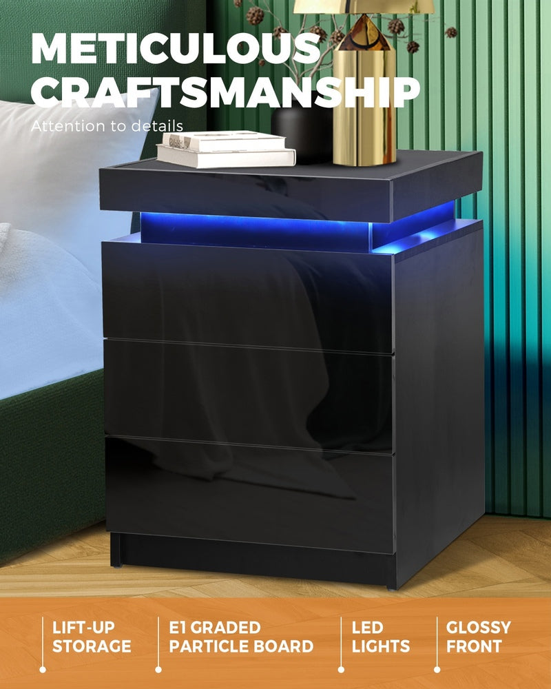 Oikiture Bedside Tables Set of 2 LED Nightstand Black-Bedside Table-PEROZ Accessories