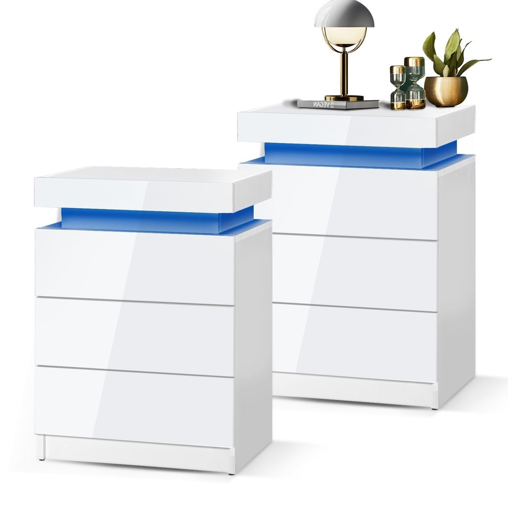 Oikiture Bedside Tables Set of 2 LED Nightstand White-Bedside Table-PEROZ Accessories