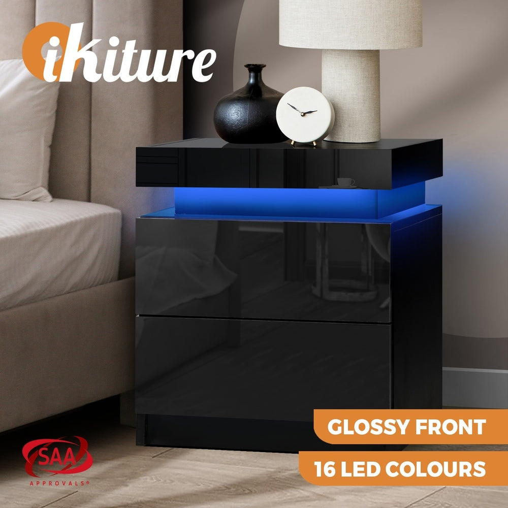Oikiture Bedside Table RGB LED Nightstand Cabinet 2 Drawers Side Table Furniture Black-Bedside Tables-PEROZ Accessories