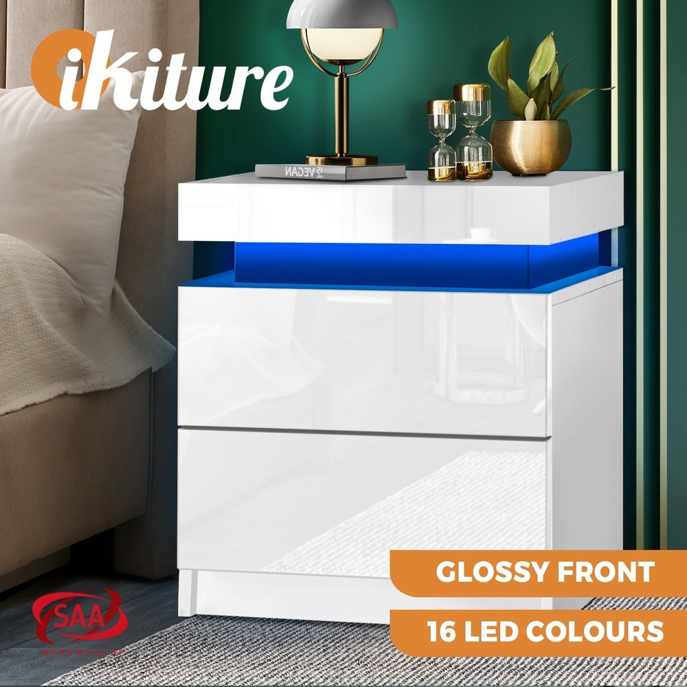 Oikiture Bedside Table RGB LED Nightstand Cabinet 2 Drawers Side Table Furniture White-Bedside Tables-PEROZ Accessories
