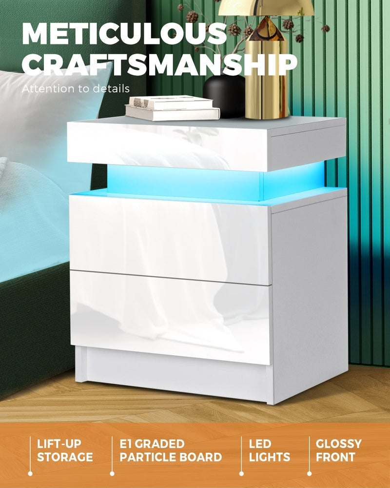 Oikiture Bedside Tables Set of 2 LED White-Bedside Table-PEROZ Accessories