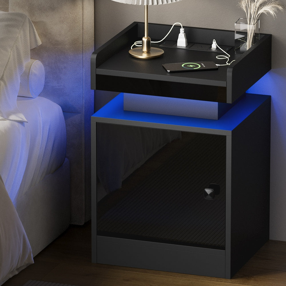Oikiture LED Bedside Table USB Charging Station Black-Bedside Table-PEROZ Accessories