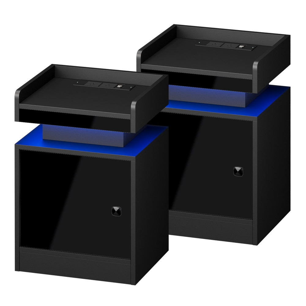 Oikiture 2x LED Bedside Table USB Charging Station Black-Bedside Tables-PEROZ Accessories