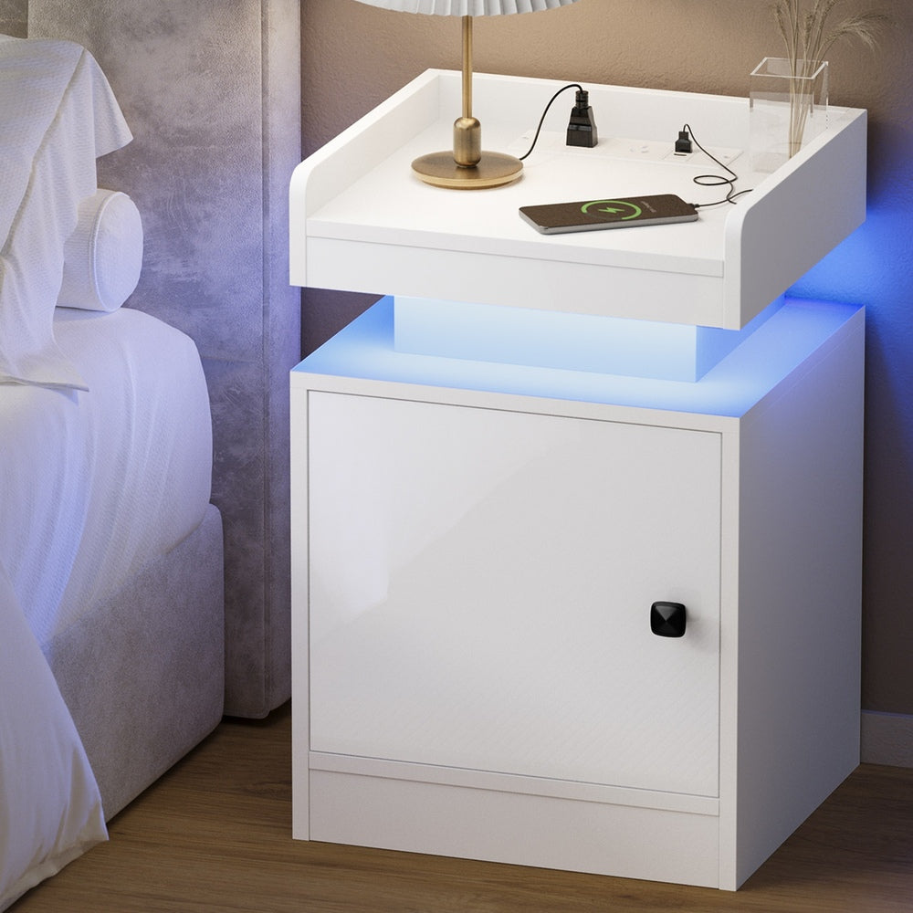 Oikiture LED Bedside Table USB Charging Station White-Bedside Table-PEROZ Accessories