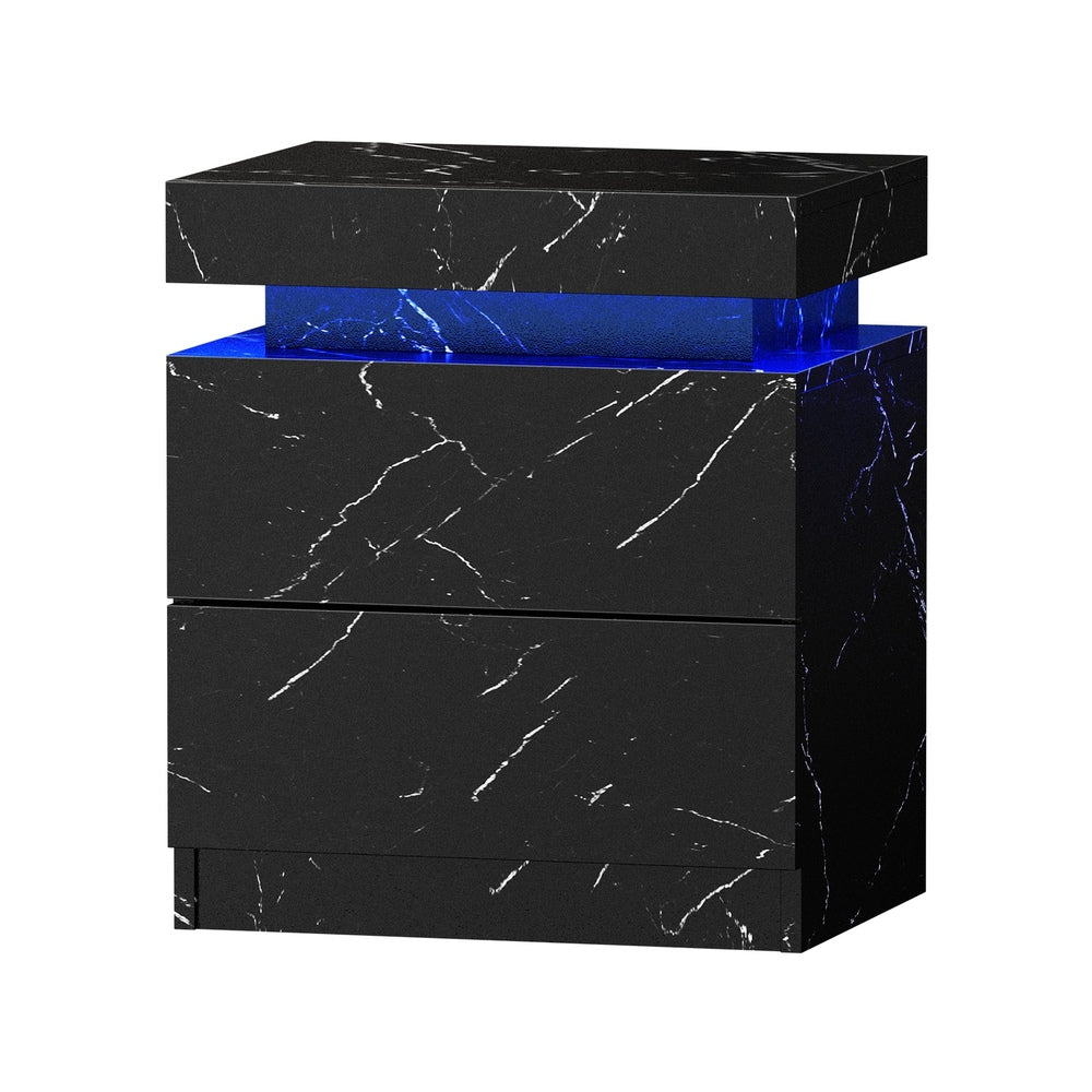 Oikiture 2x Bedside Table 2 Drawers LED Nightstand Marble Effect Black-Bedside Tables-PEROZ Accessories