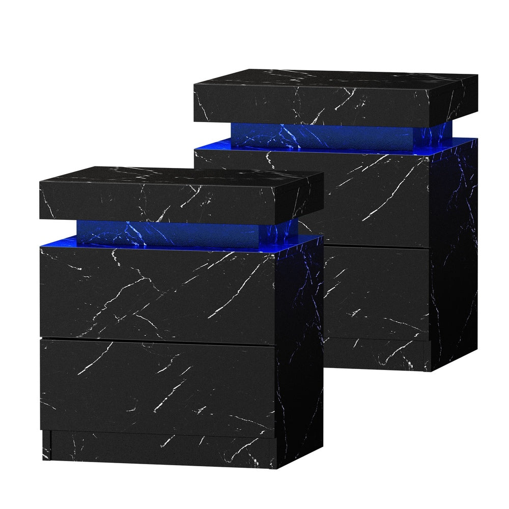 Oikiture 2x Bedside Table 2 Drawers LED Nightstand Marble Effect Black-Bedside Tables-PEROZ Accessories