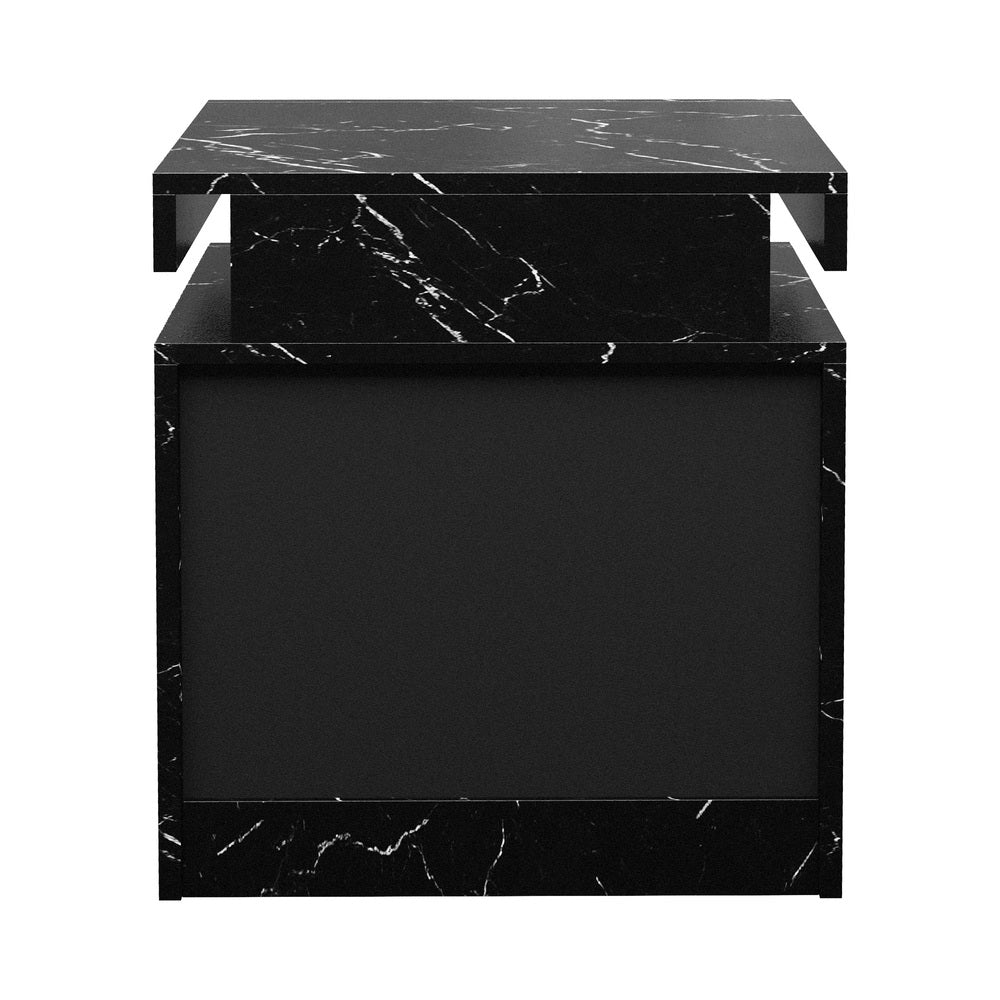Oikiture 2x Bedside Table 2 Drawers LED Nightstand Marble Effect Black-Bedside Tables-PEROZ Accessories