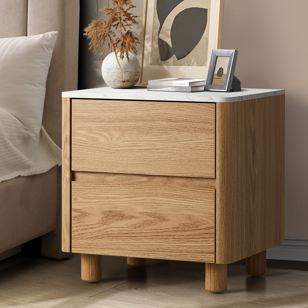 Oikiture Bedside Table 2 Drawers Nightstand Faux Marble Top Natural-Bedside Tables-PEROZ Accessories
