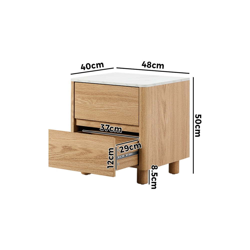 Oikiture Bedside Table 2 Drawers Nightstand Faux Marble Top Natural-Bedside Tables-PEROZ Accessories