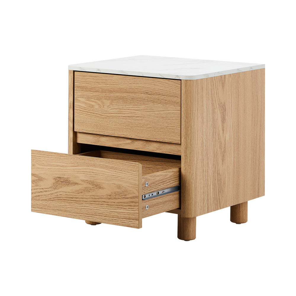 Oikiture Bedside Table 2 Drawers Nightstand Faux Marble Top Natural-Bedside Tables-PEROZ Accessories