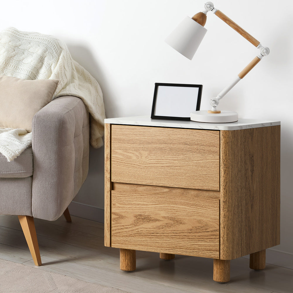 Oikiture Bedside Table 2 Drawers Nightstand Faux Marble Top Natural-Bedside Tables-PEROZ Accessories