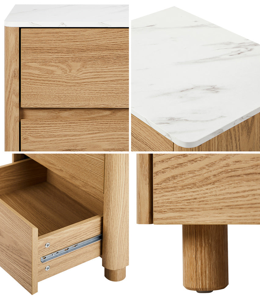 Oikiture Bedside Table 2 Drawers Nightstand Faux Marble Top Natural-Bedside Tables-PEROZ Accessories
