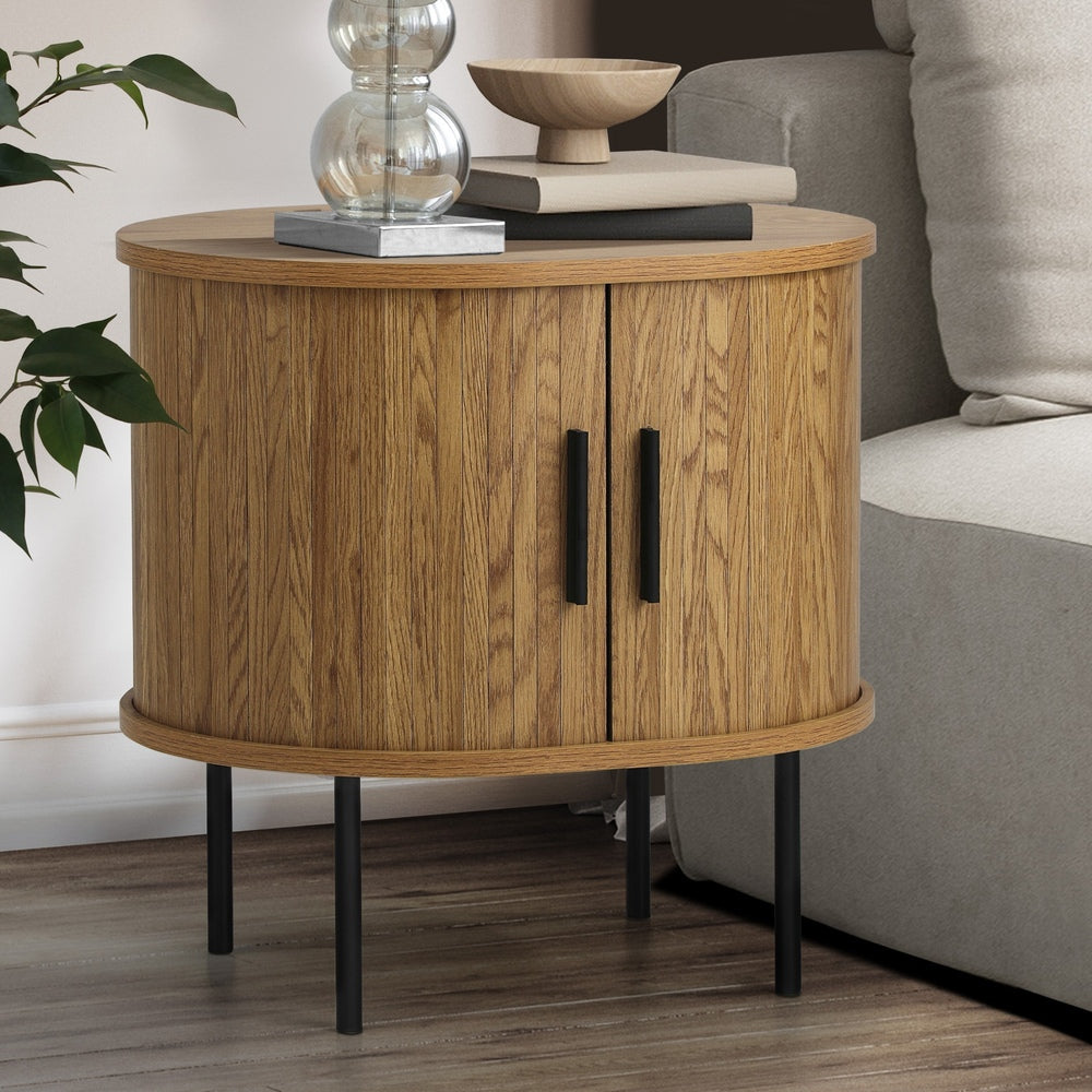 Oikiture 2-tier Bedside Table with Sliding Doors Natural-Bedside Table-PEROZ Accessories