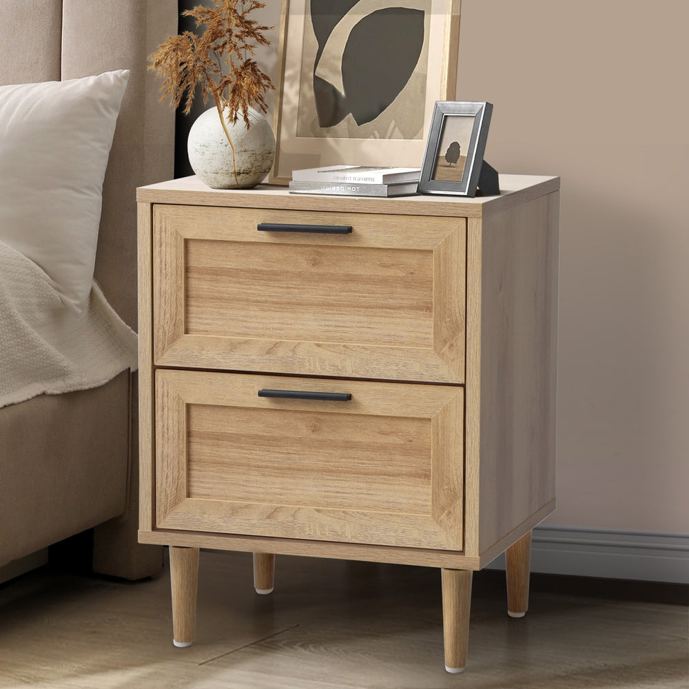 Oikiture Bedside Table Nightstand 2 Drwers Natural-Bedside Table-PEROZ Accessories