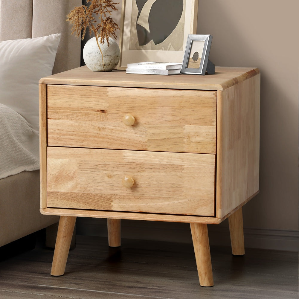 Oikiture Bedside Table 2 Drawers Storage Rubber Wood-Bedside Table-PEROZ Accessories