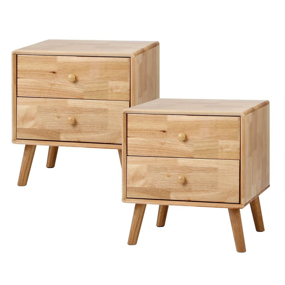 Oikiture Set of 2 Bedside Tables 2 Drawers Side Tables Rubber Wood-Bedside Table-PEROZ Accessories