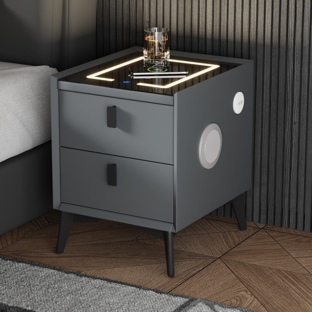 Oikiture 2x Smart Bedside Tables Wireless Charging LED 2 Drawers Grey-Bedside Table-PEROZ Accessories
