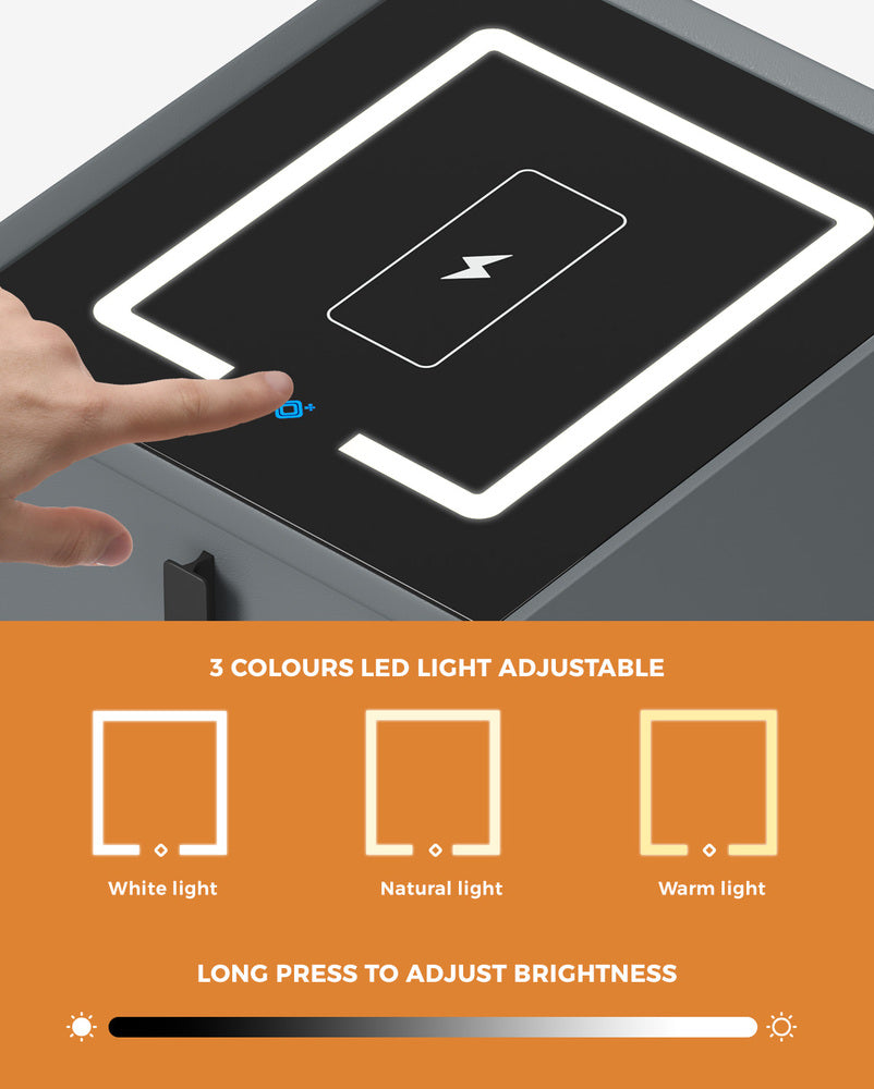 Oikiture 2x Smart Bedside Tables Wireless Charging LED 2 Drawers Grey-Bedside Table-PEROZ Accessories