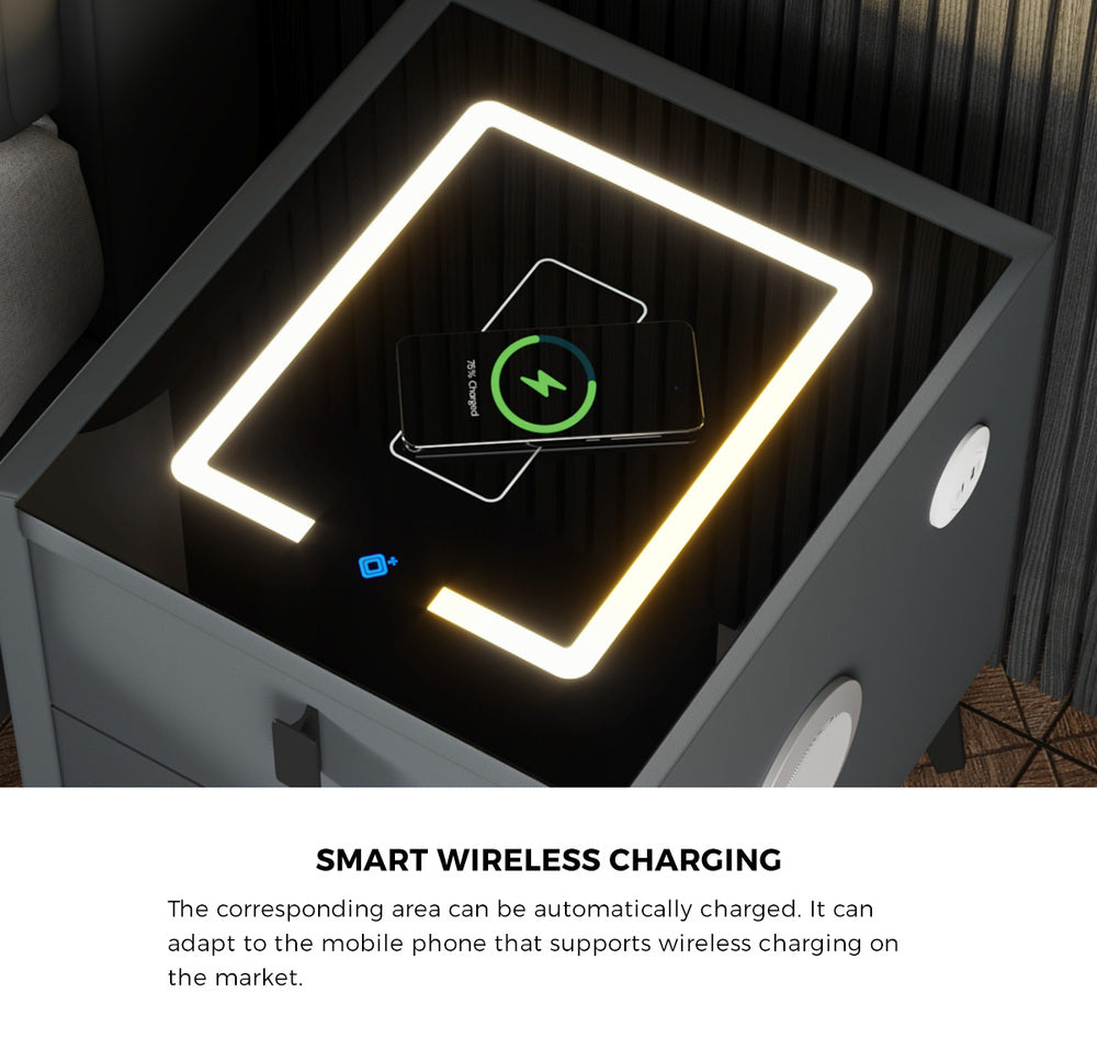 Oikiture 2x Smart Bedside Tables Wireless Charging LED 2 Drawers Grey-Bedside Table-PEROZ Accessories