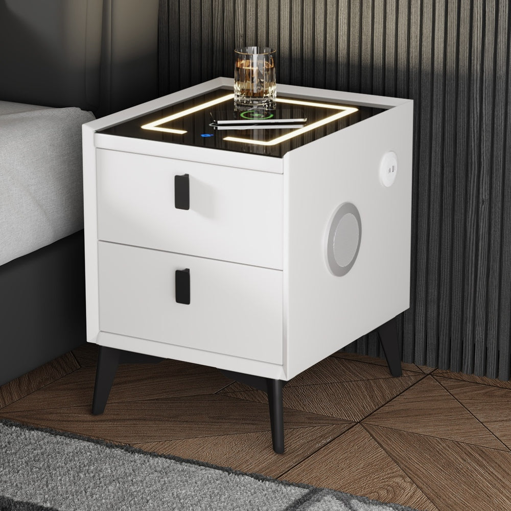 Oikiture Smart Bedside Table Wireless Charging LED 2 Drawers White-Bedside Table-PEROZ Accessories