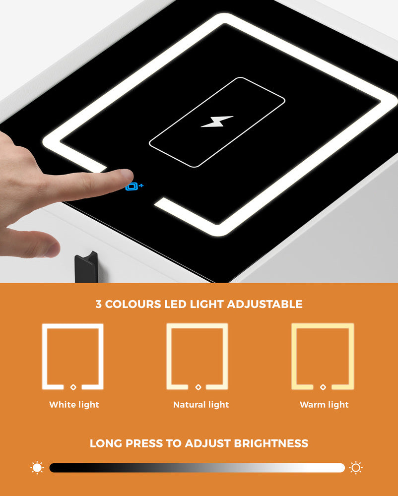 Oikiture Smart Bedside Table Wireless Charging LED 2 Drawers White-Bedside Table-PEROZ Accessories