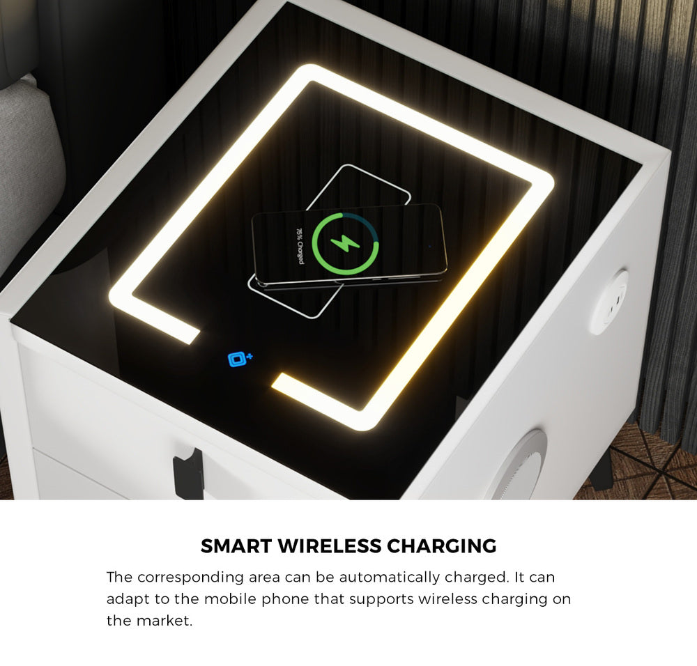 Oikiture Smart Bedside Table Wireless Charging LED 2 Drawers White-Bedside Table-PEROZ Accessories