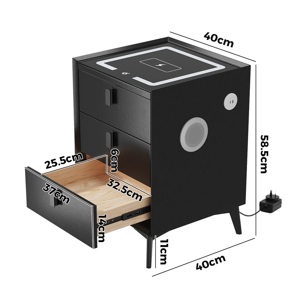 Oikiture 2x Smart Bedside Tables Wireless Charging LED 3 Drawers Black-Bedside Tables-PEROZ Accessories