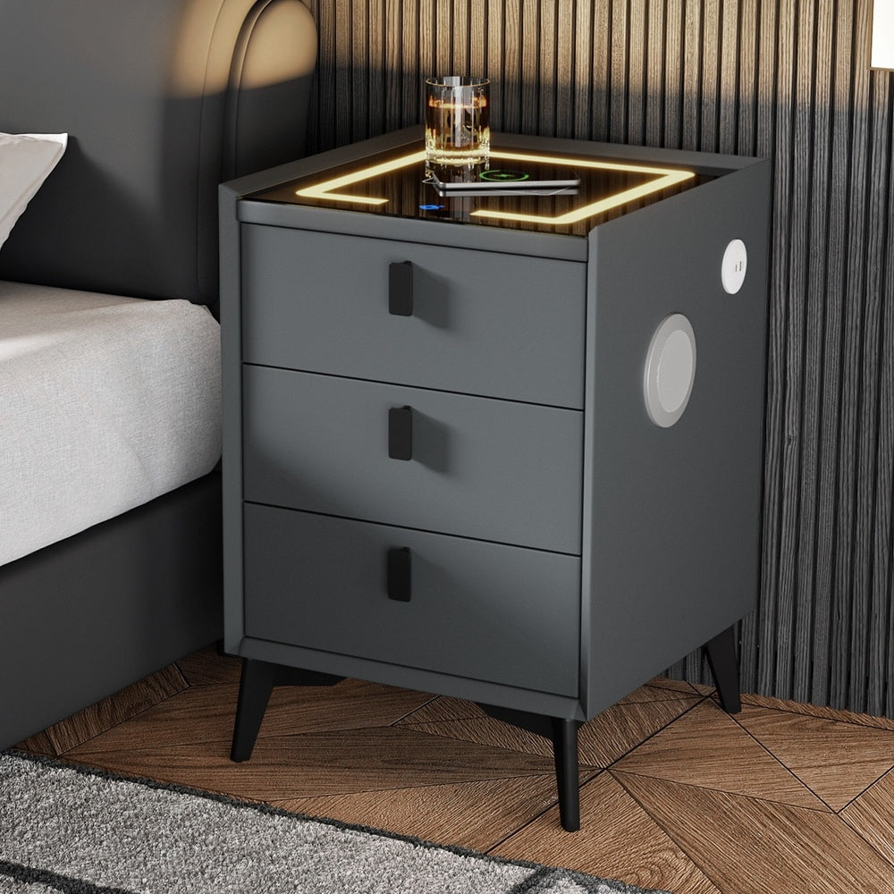 Oikiture 2x Smart Bedside Tables Wireless Charging LED 3 Drawers Grey-Bedside Table-PEROZ Accessories