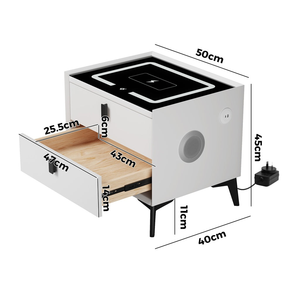 Oikiture Smart Bedside Table LED Wireless Charging 2 Drawers White-Bedside Table-PEROZ Accessories