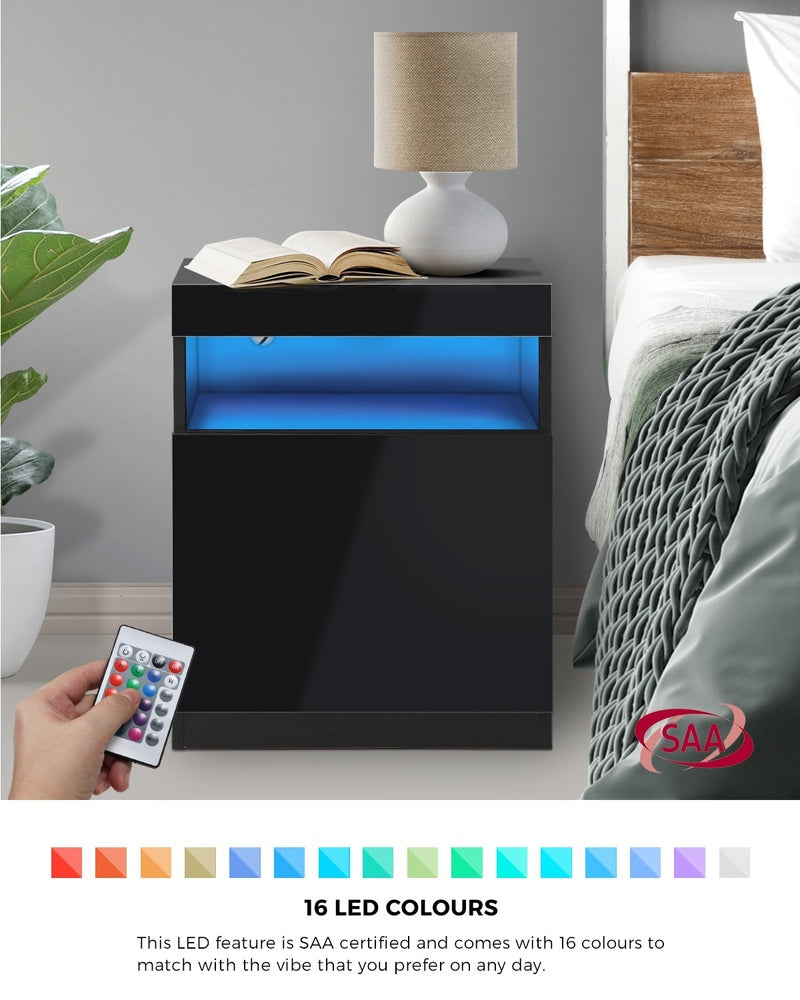 Oikiture Bedside Table LED Nightstand Shelf Black-Bedside Table-PEROZ Accessories