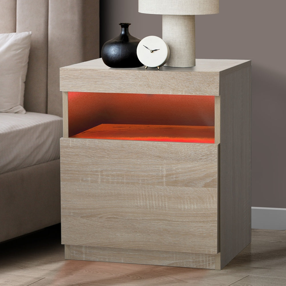 Oikiture Bedside Table LED Nightstand Shelf Natural-Bedside Table-PEROZ Accessories
