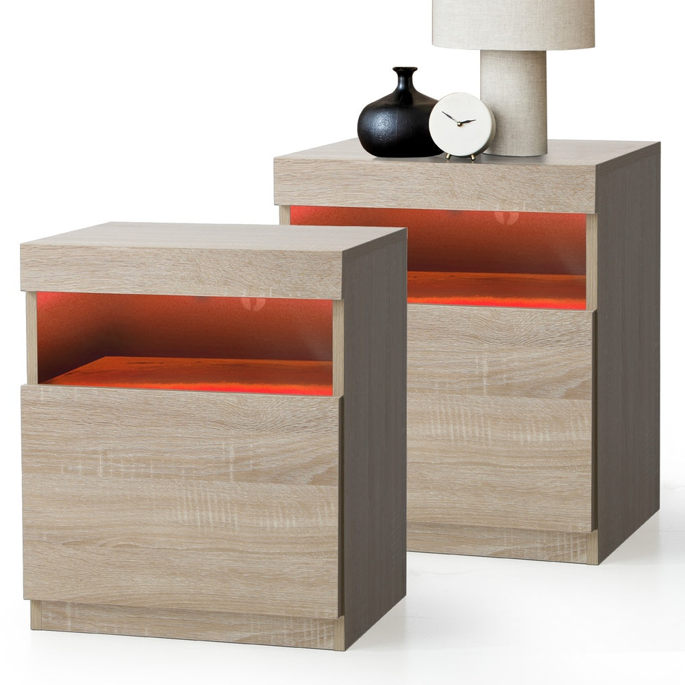 Oikiture Bedside Tables Set of 2 LED Nightstand Shelf Natural-Bedside Table-PEROZ Accessories