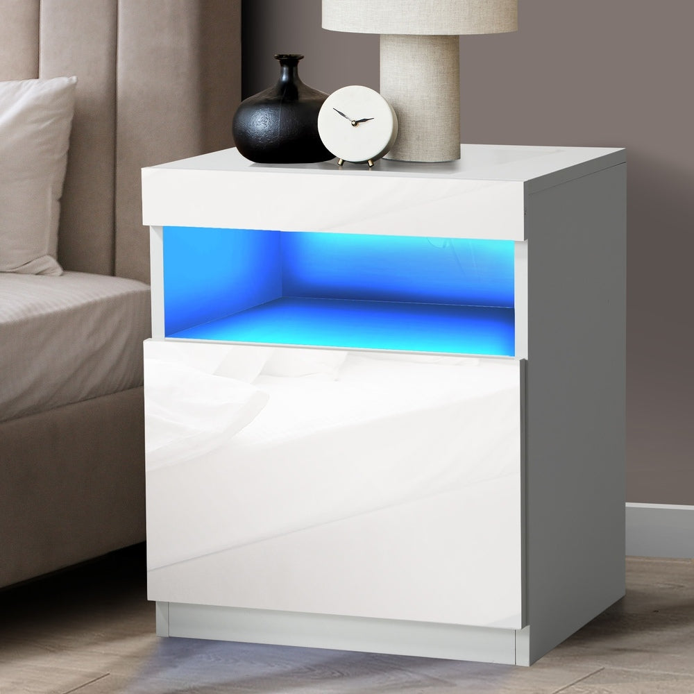 Oikiture Bedside Table LED Shelf High-gloss Front White-Bedside Table-PEROZ Accessories