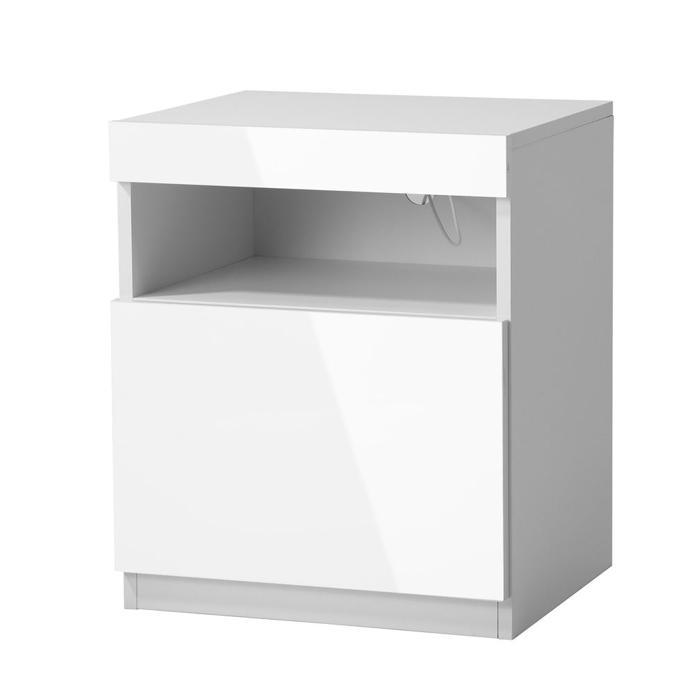 Oikiture Bedside Table LED Shelf High-gloss Front White-Bedside Table-PEROZ Accessories
