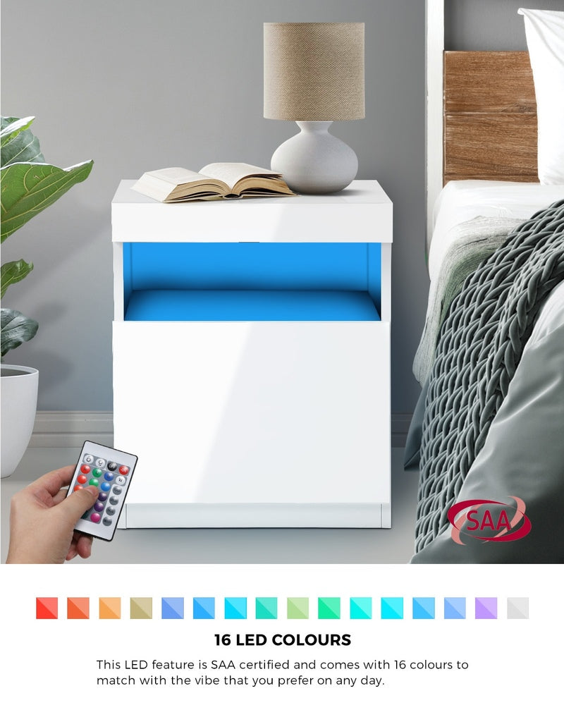 Oikiture Bedside Table LED Shelf High-gloss Front White-Bedside Table-PEROZ Accessories