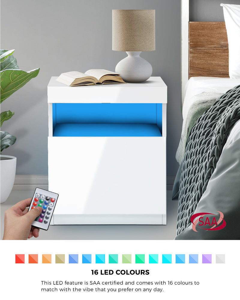 Oikiture Bedside Tables Set of 2 LED Nightstand White-Bedside Table-PEROZ Accessories