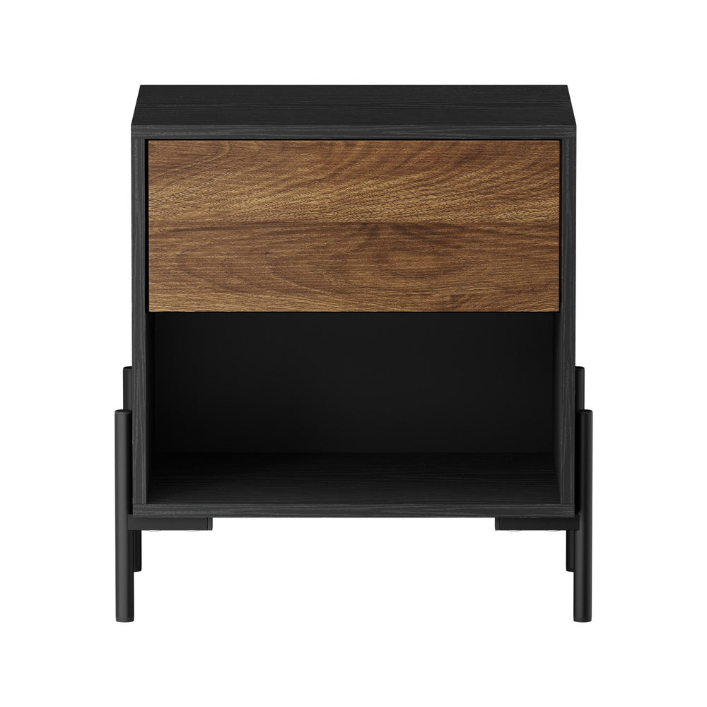 Oikiture Bedside Table Drawer Nightstand Storage Walnut and Black-Bedside Table-PEROZ Accessories