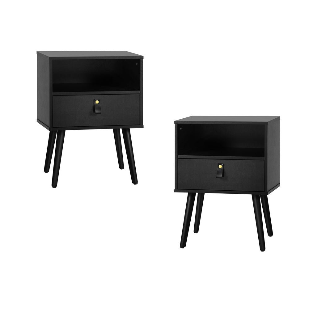 Oikiture 2X Bedside Tables with Leather Handle Black-BedSide Tabless-PEROZ Accessories