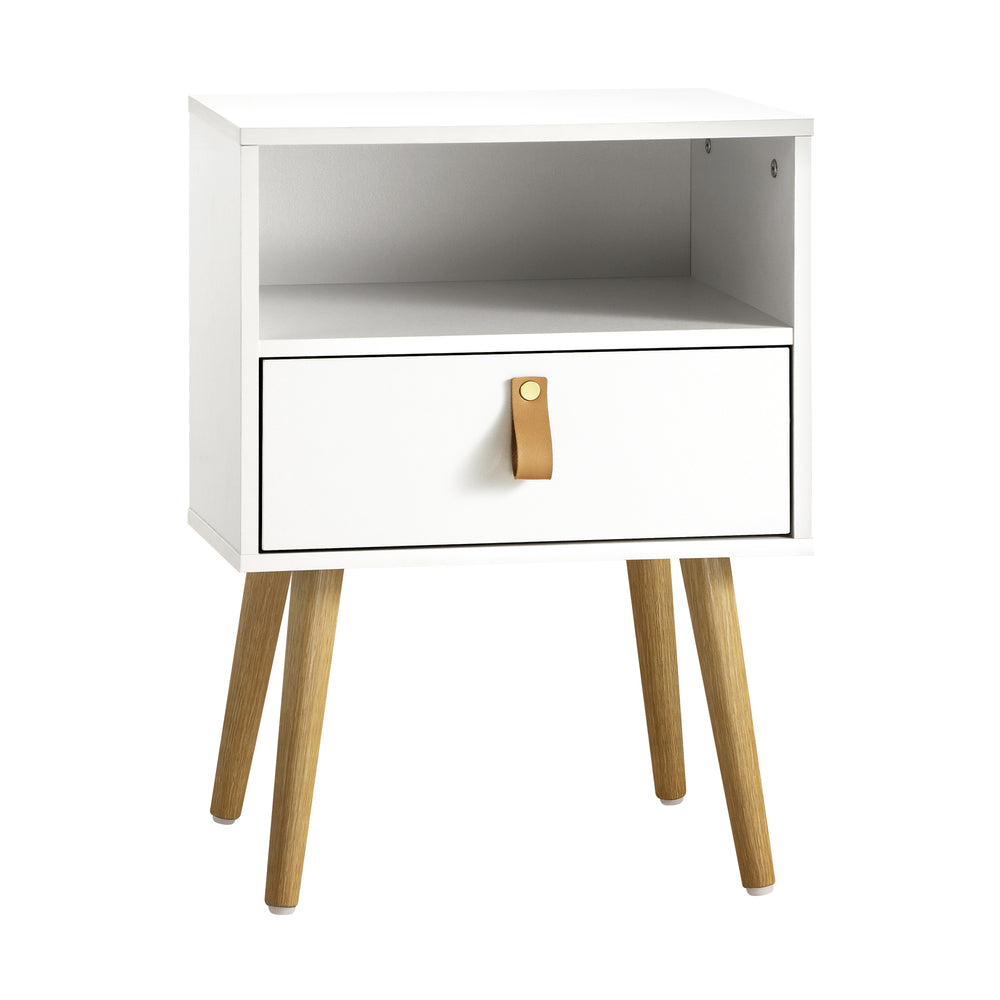 Oikiture Bedside Tables Side Table Drawer Cabinet w/ Leather Handle White-Bedside Tables-PEROZ Accessories