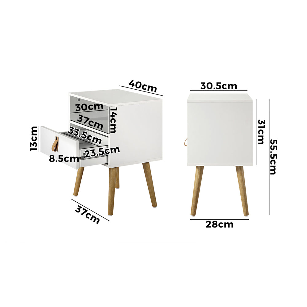 Oikiture Bedside Tables Side Table Drawer Cabinet w/ Leather Handle White-Bedside Tables-PEROZ Accessories