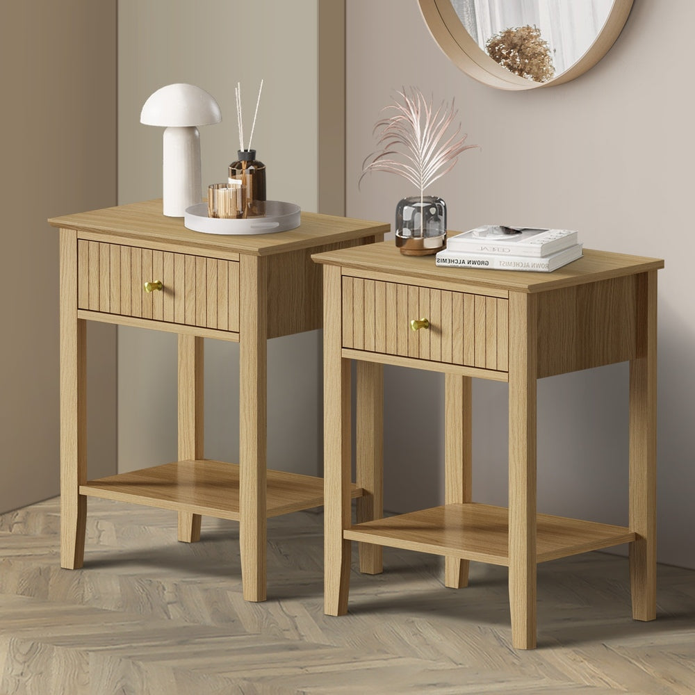 Oikiture 2x Bedside Table 1 Drawer Open Shelf Nightstand Natural-Bedside Tables-PEROZ Accessories