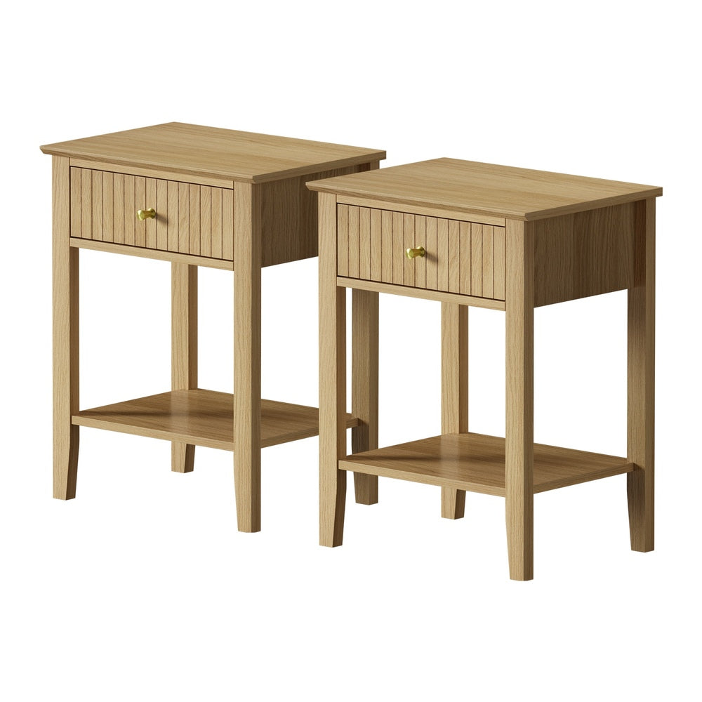Oikiture 2x Bedside Table 1 Drawer Open Shelf Nightstand Natural-Bedside Tables-PEROZ Accessories