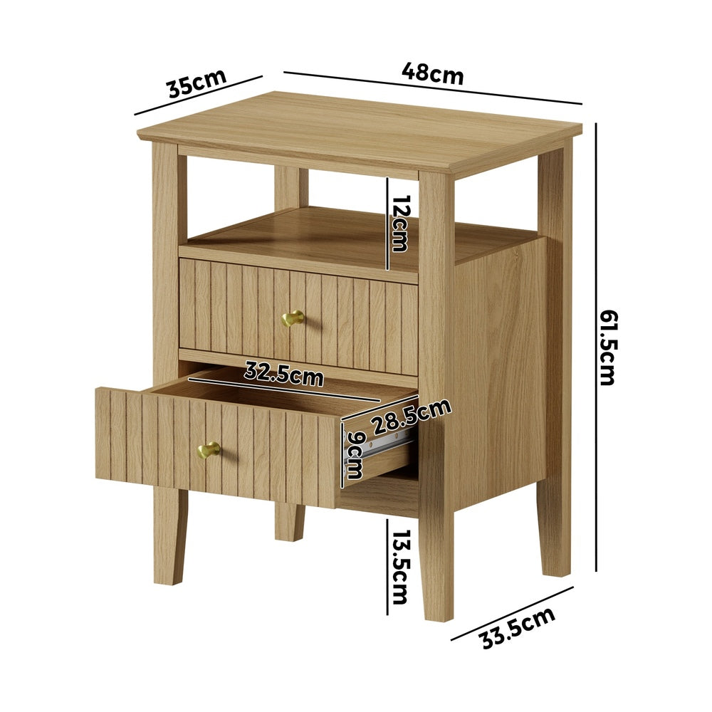 Oikiture Bedside Table 2 Drawers Open Shelf Nightstand Natural-Bedside Tables-PEROZ Accessories