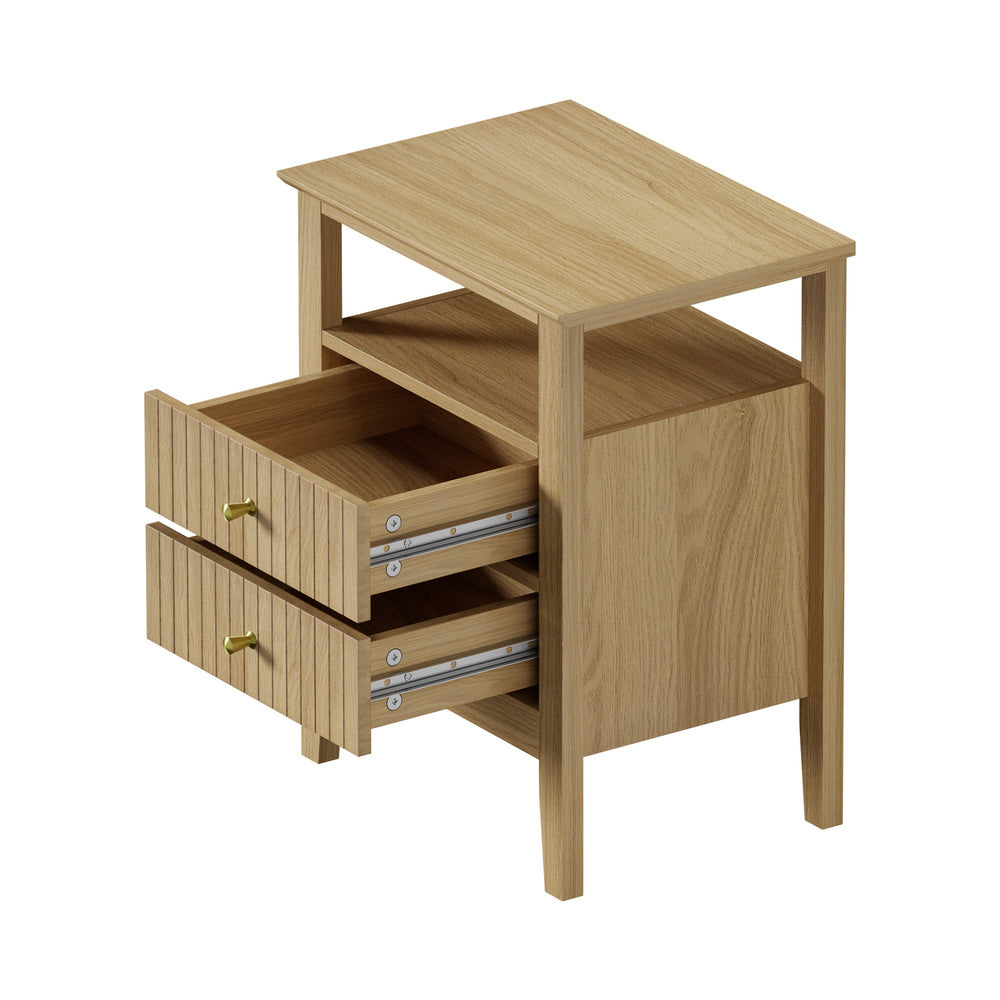 Oikiture Bedside Table 2 Drawers Open Shelf Nightstand Natural-Bedside Tables-PEROZ Accessories